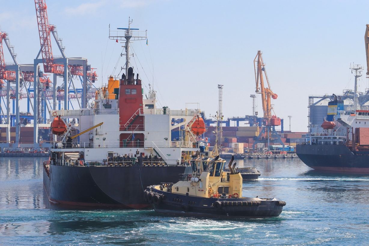 Tug assisting a bulk carrier within a working port